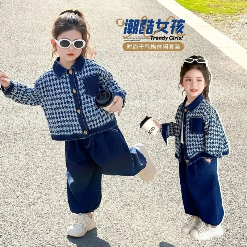 Hot Girl Cowboy Coat 2-Piece Set Spring Autumn Tops Straight-Leg Pants Jeans Child Kawaii Versatile Fashion New Casual Clothing