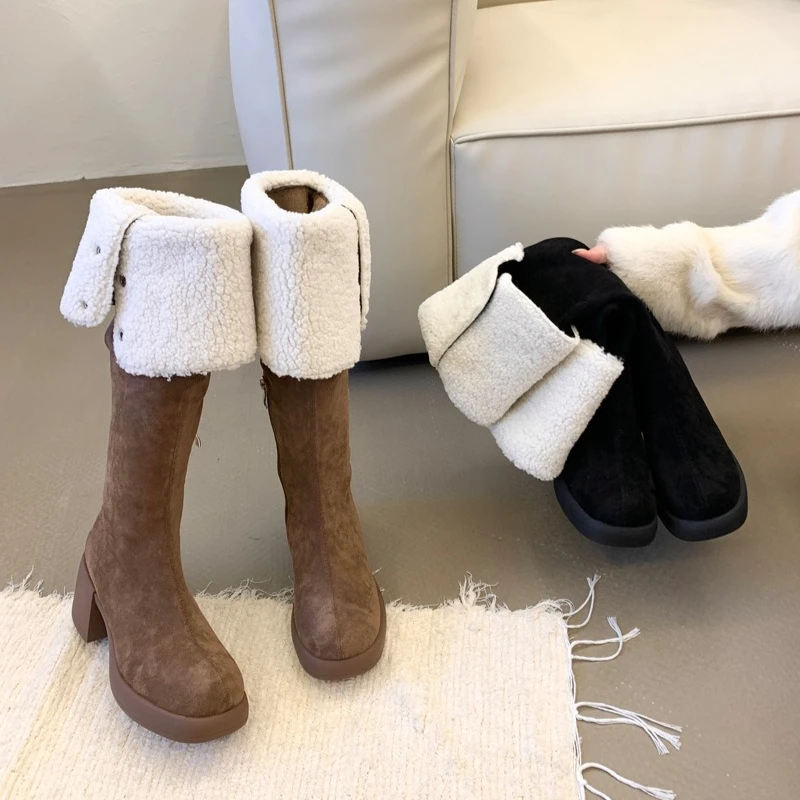 

Хлопковые сапоги, новые зимние замшевые высокие сапоги с круглым носком и застежкой-молнией по бокам, нескользящие износостойкие высокие сапоги на хлопковой платформе