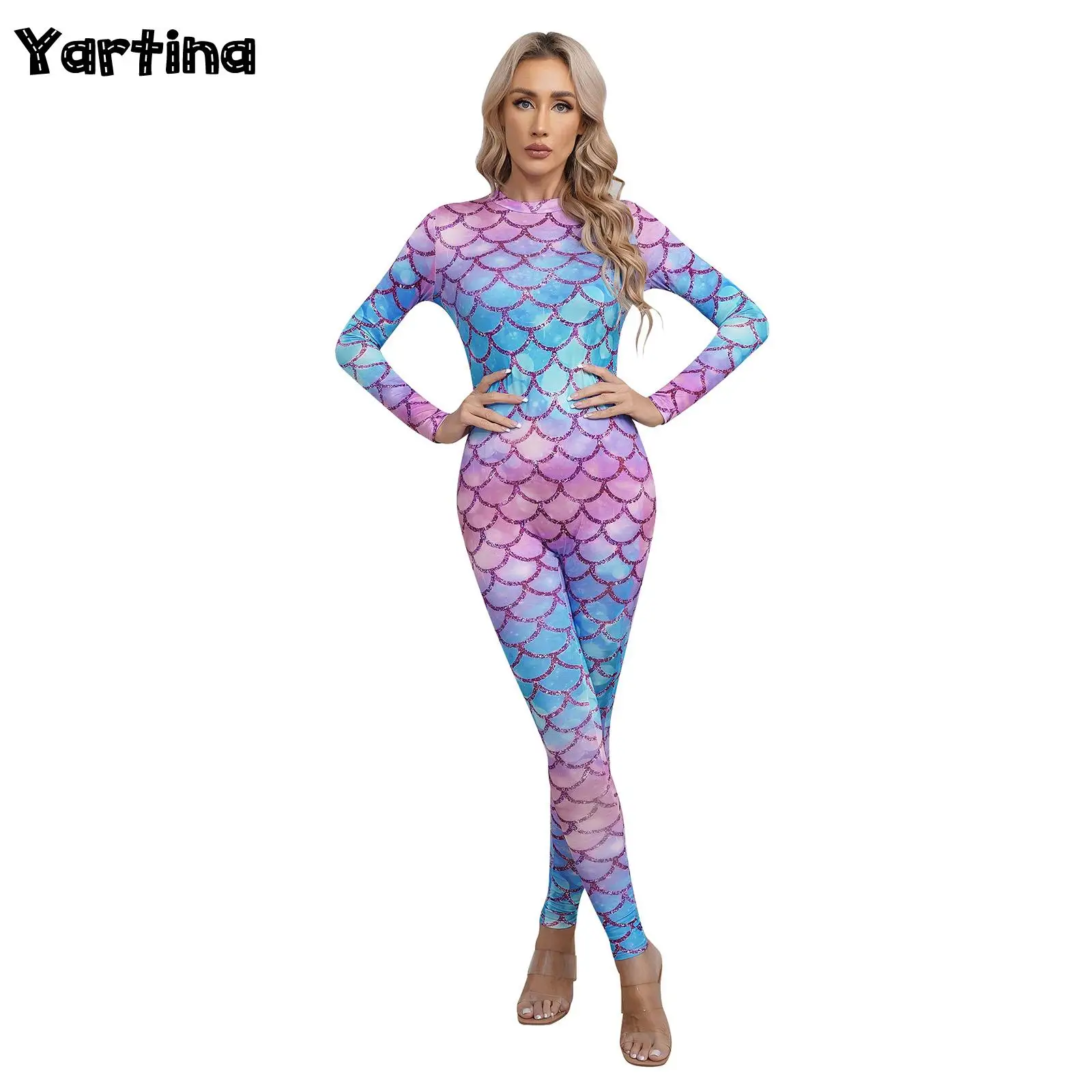 สตรี Mermaid คอสเพลย์ชุดปลาพิมพ์ Jumpsuit แขนยาวกลับซิป Full Body Rompers ชุดบอดี้สูทยิมนาสติกชุดว่ายน้ํา