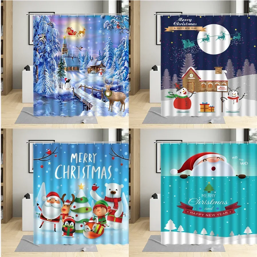 Christmas Shower Curtain Cute Santa Claus Snow Scenery Wooden House Tree Elk Holiday Decoration Bathroom Polyester Curtains Sets