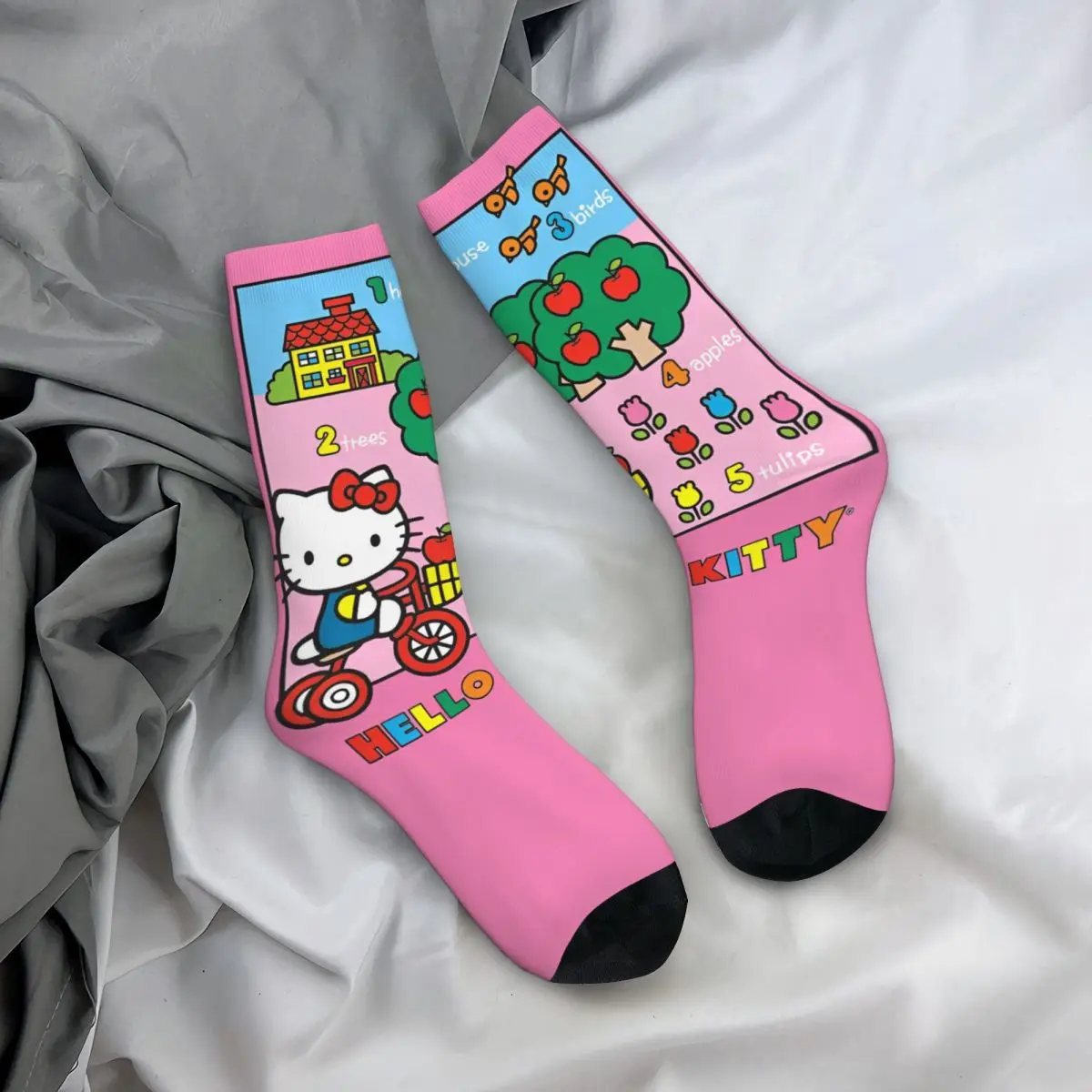 Poliéster Médio Tubo Meias para Crianças, Unisex Breathable Socks, Ensinar Números, Olá Kitty, Harajuku Oficial