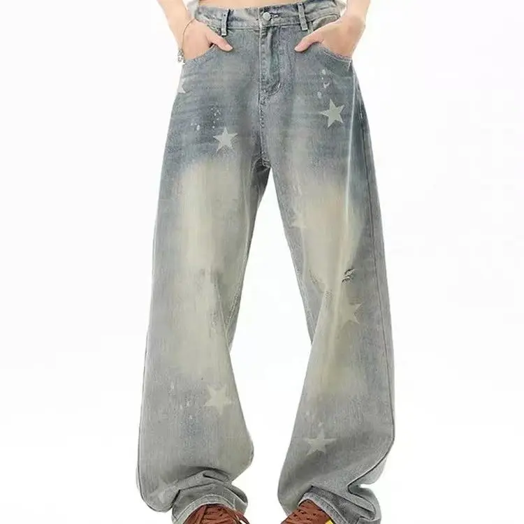 Men's Retro Star Print Pattern Jeans Casual Sweatpants Cool Boy Pants High Waist Bottoms Male Wide Leg Straight Trousers