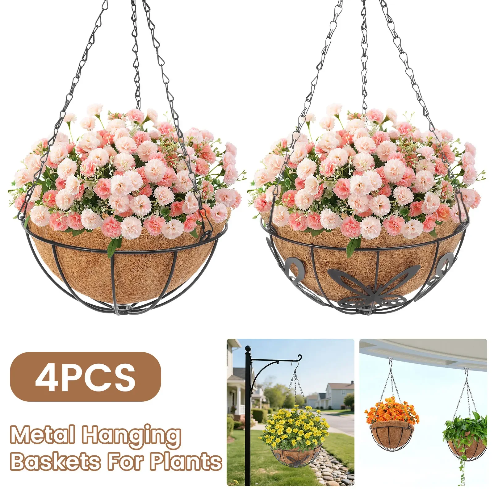 

Набор из 4-х 10-дюймовых подвесных цветочных корзин для улицы с кокосовым вкладышем, круглые подвесные кашпо с цепью и крюком, металлические корзины для растений для сада