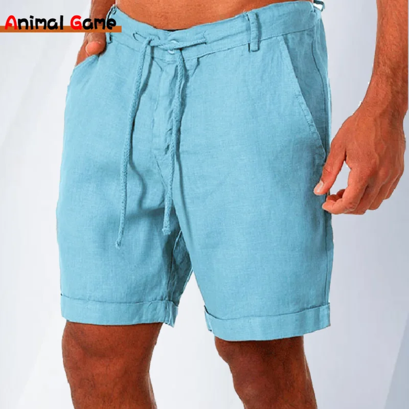 Pantalones cortos de lino para hombre, Shorts de algodón para la playa, holgados, sólidos, moda de verano