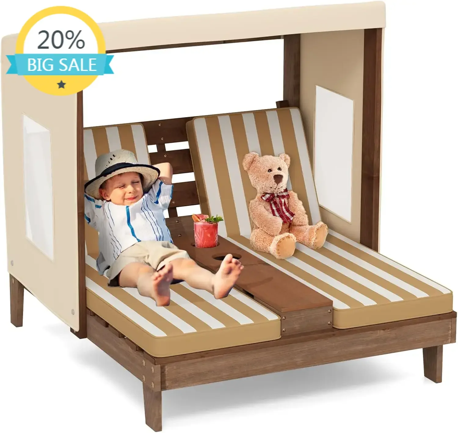 

Бестселлер: Детское кресло-шезлонг для улицы, деревянное двухместное кресло-шезлонг с навесом, подстаканниками, подушкой и регулируемой спинкой.