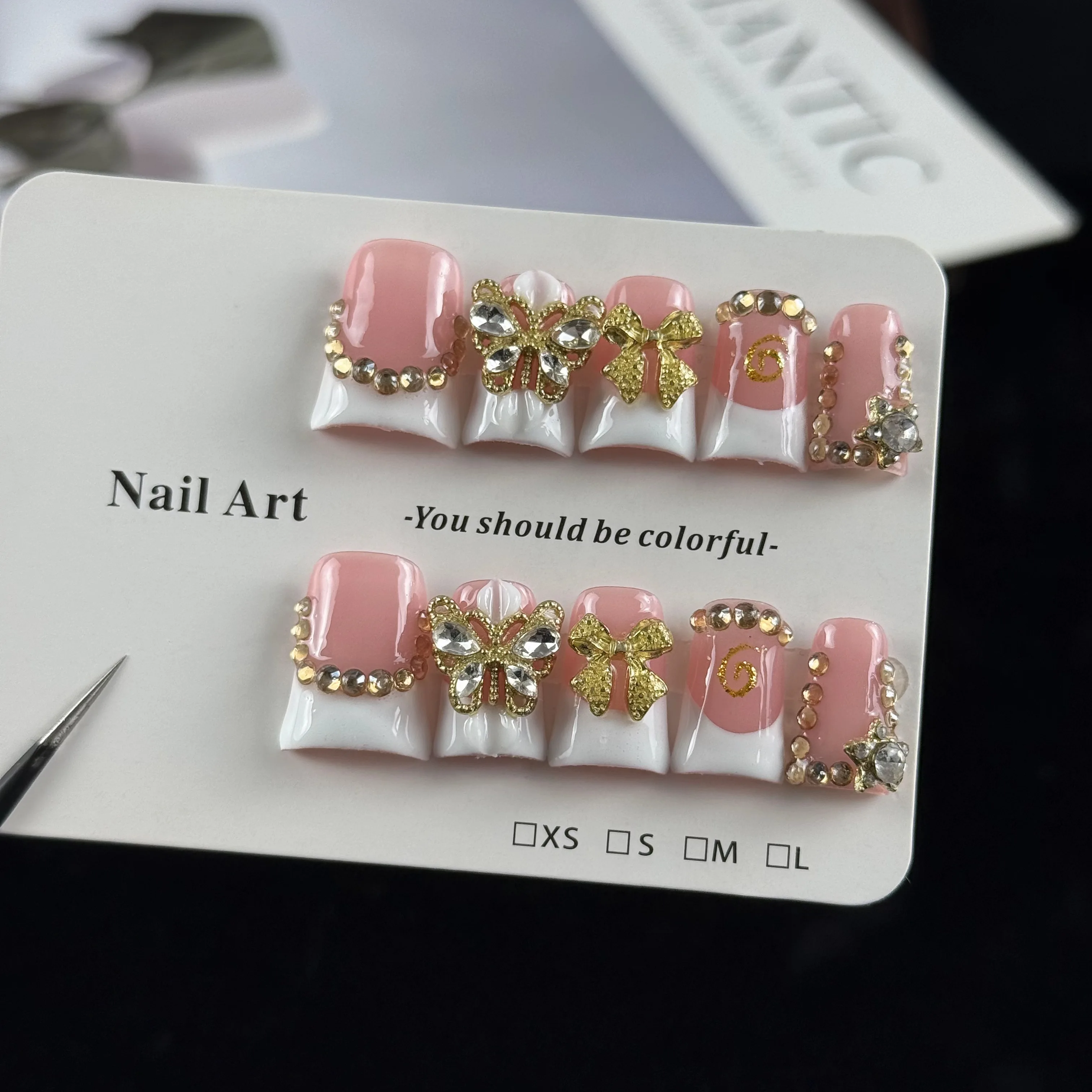 10pcs high-end Luxury-sleek style design, hand-painted three-dimensional butterfly, bow, shiny point diamonds handmade fake nail