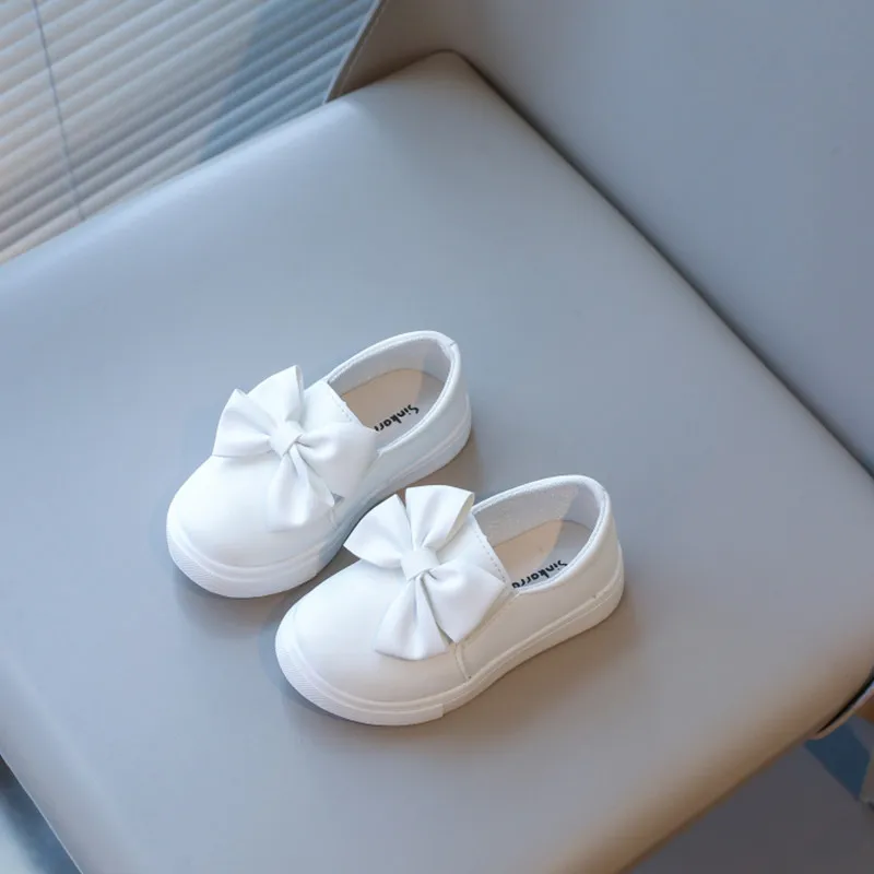 

Children Leather Shoes Bowtie White Round Toe Autumn Slip-on Kids Casual Shoe Sweet Leisure Flexiable Comfy Girl's Loafers 22-31