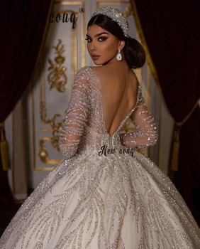 Lüks 2024 Backless boncuklu düğün elbisesi Sheer boyun balo gelinlikler uzun kollu gelinlik Vestido De Vestido