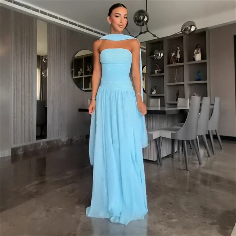 

Elegant Light Blue Chiffon Strapless Graduation Gown Draped Shoulder Decoration High Waist Slim Fit Women's Formal Evening Gowns
