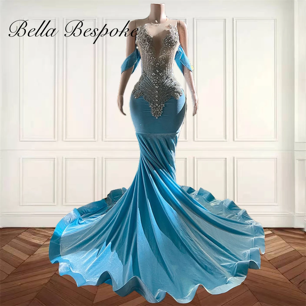 

Blue Long Prom Dresses For Black Girl Beaded Crystal Luxury Dress Women 2025 Rhinestone Birthday Party Gown Customized