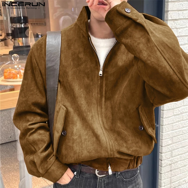 INCERUN Handsome Mens Tops Stylish Button Up Collar Suede Jackets Coat Casual City Walk Male Hot Sale Loose Long Sleeved Jackets