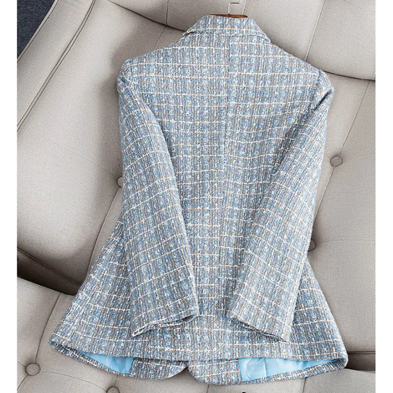 Spring Autumn Women Jacket Double-Breasted Lattice Tweed Woolen Coats 2024 Female Casual Thick Blazers Outerwear Ladies Suit 3XL