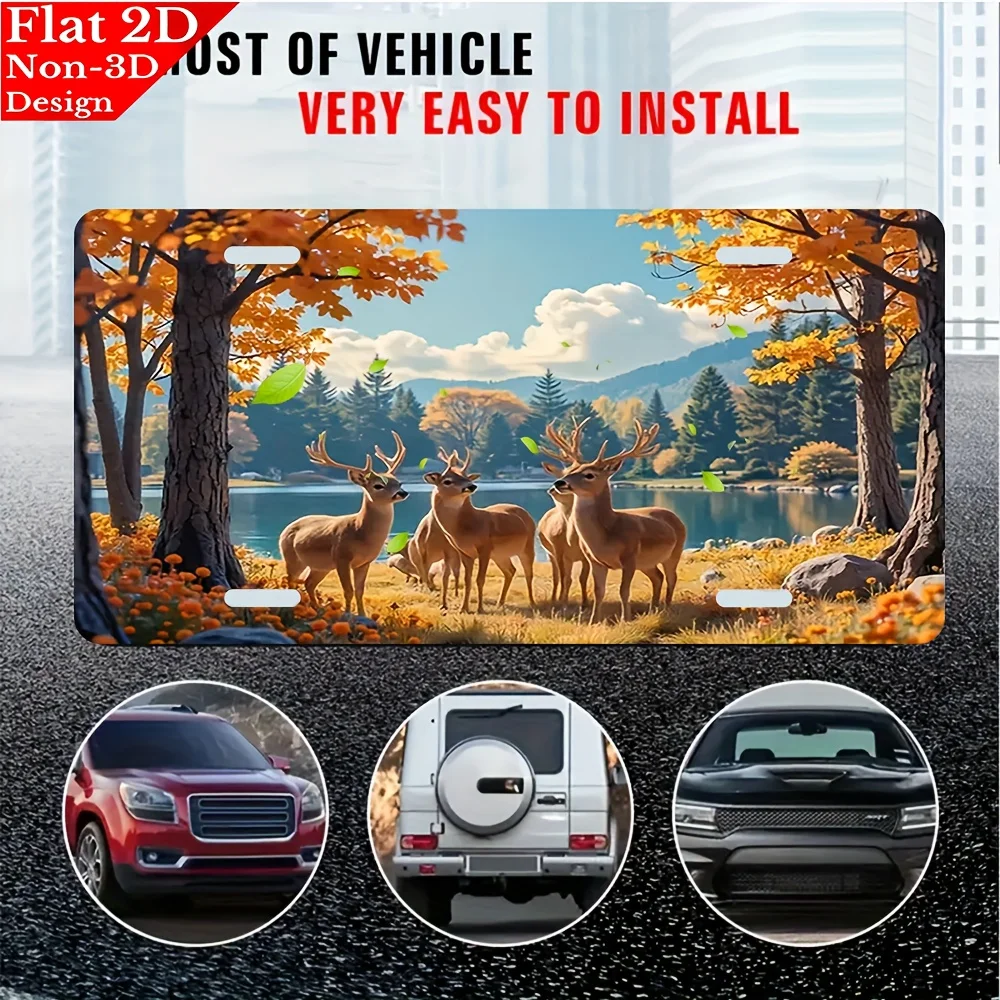 2D flat, 1pc Deer in autumn forest Aluminum License Plate, 6x12in Scratch-resistant UV Printing, Decorative Car Front License Pl