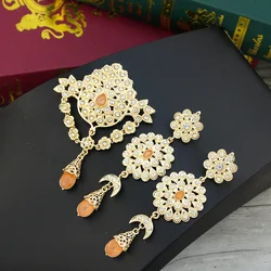 Sunspicems Chic Morocco Orange Crystal Women Brooch Set Arabic Bride Wedding Jewelry Caftan Hijab Pin Round Flower Brooch Bijoux