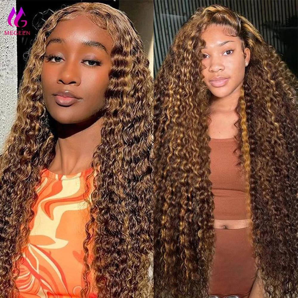 Megeen Wig renda depan transparan 13X4 Wig Frontal renda P4/27 sorot Wig gelombang air rambut manusia madu pirang Wig berwarna Ombre