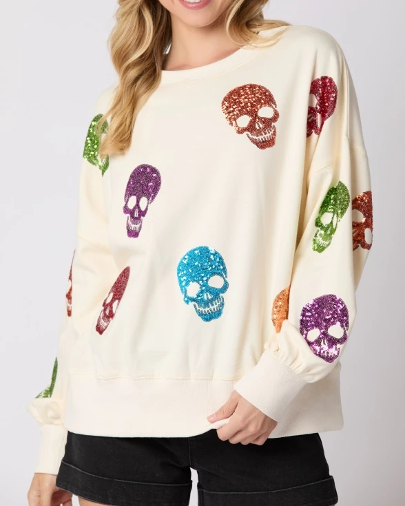 Women's Sweatshirt 2025 Autumn Winter Latest Halloween Skull Glitter Hoodie Round Neck Loose Casual Pullover Long Sleeved Top