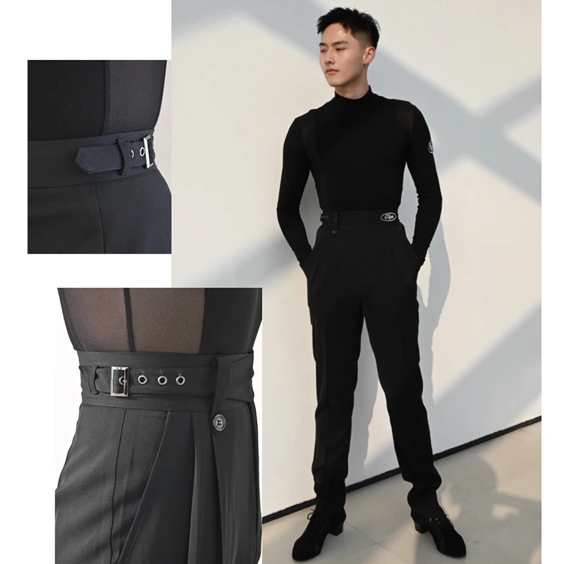 2024 Latin Dance Competition Pants For Men Black Adjustable Waist Trousers Ballroom Dance Performance Practice Clothes DNV19442