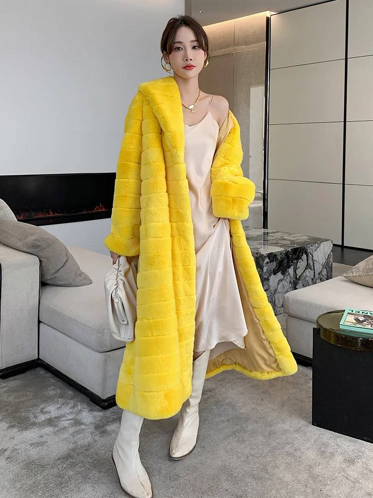 

Women Fashion Luxury Cozy Outertwear Lapel Straight Loose Real Chinchilla Natural Rex Rabbit Yellow Fur Coat Fur Jacket Female