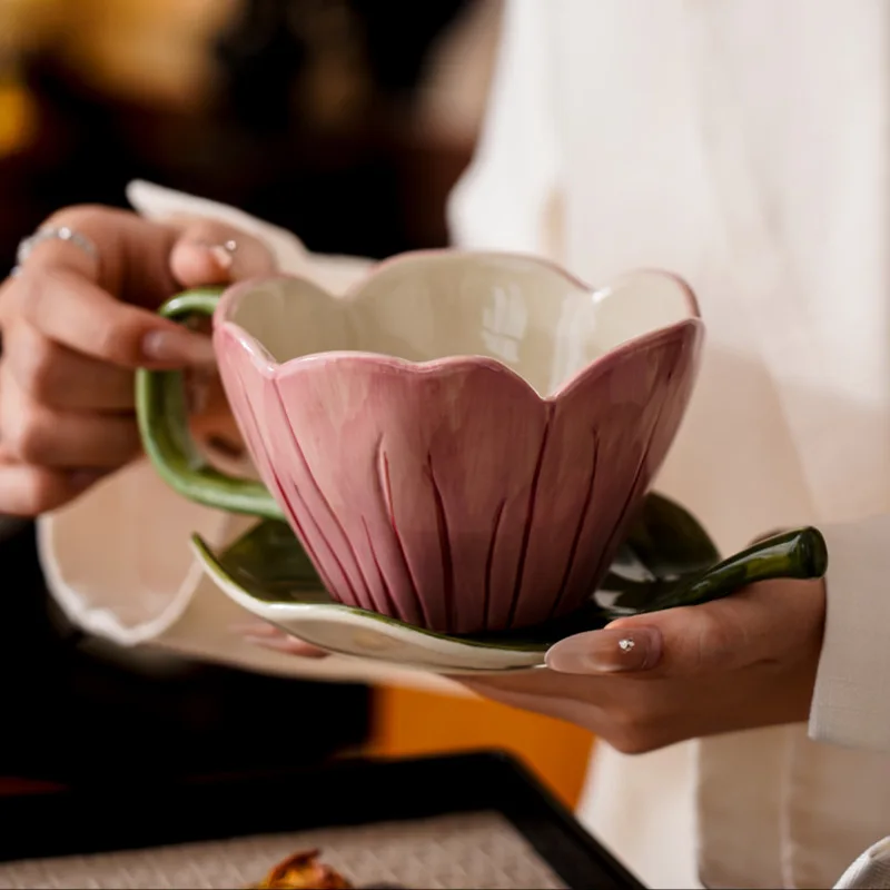 Coffee Cup Tulip Flower Personal Irregular Hand-painted Ceramic Mug Saucer Delicate Fashion Light Luxury Cup Saucer Decoration view 4