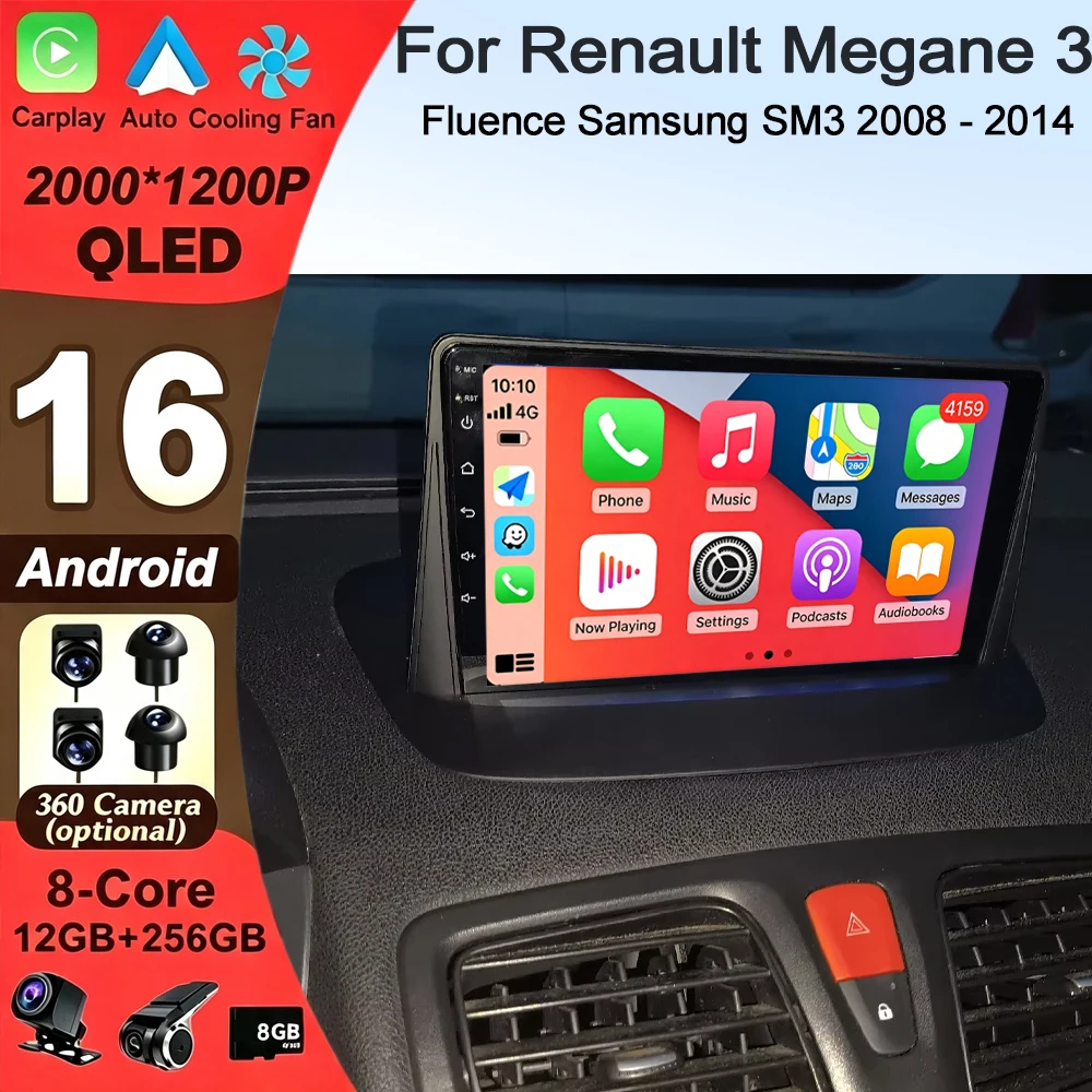 Android 16 CarPlay Android Auto For Renault Megane 3 Fluence Samsung SM3 2008 - 2014 Car Radio Stereo Navigation Multimedia WIFI