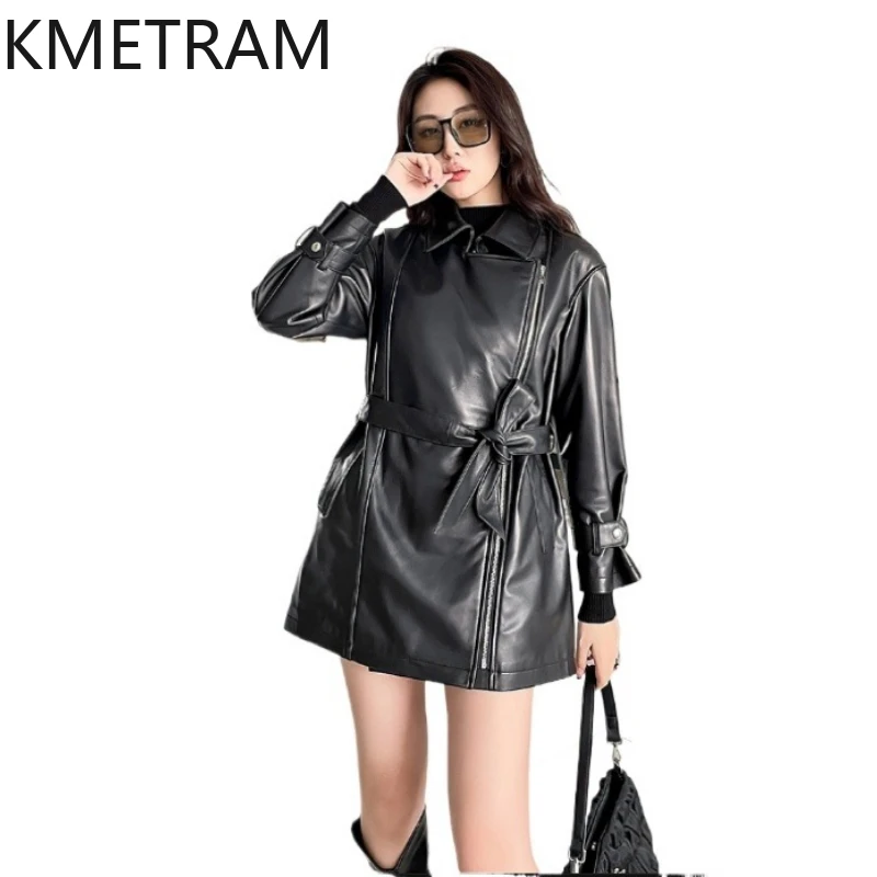 100% Top Layer of Sheepskin Jacket Woman Black Mid Length Genuine Leather Jackets Motorcycle Outerwears Fall Clothes 2025 Women