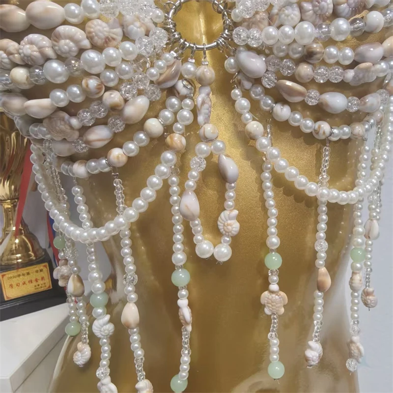 Damenbekleidung: Perlenbesetztes Quasten-Bodychain-Bralette, Perlen-Neckholder-Harness-Crop-Top, sexy für Strandparty, Festival, Rave, Urlaub. – Detail 11