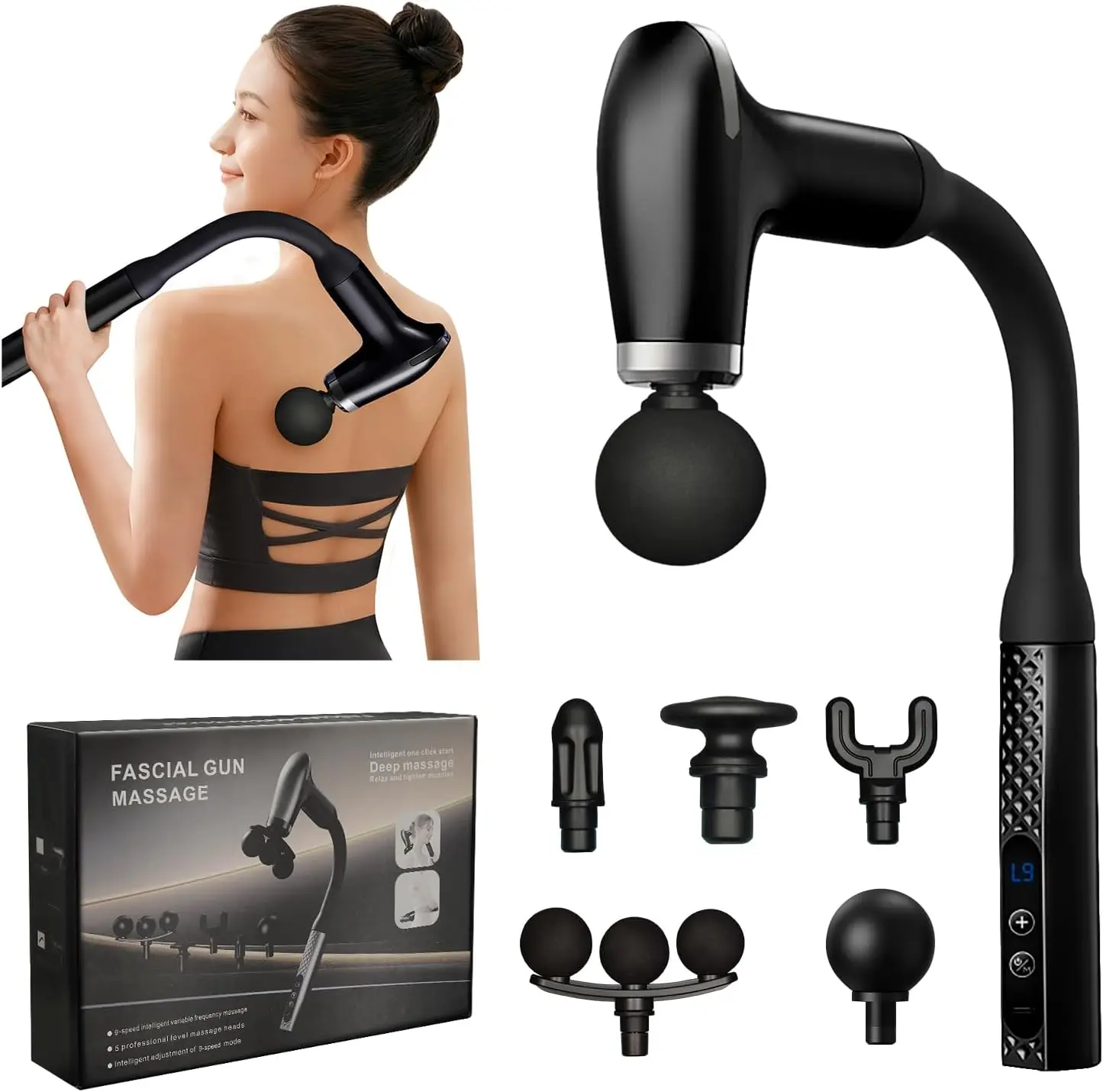 

Massage Gun with Extendable Handle, 9 Speeds, 5 Attachments, Neck/Shoulder/Leg Relief – Ideal Gift for Tech Enthusiasts