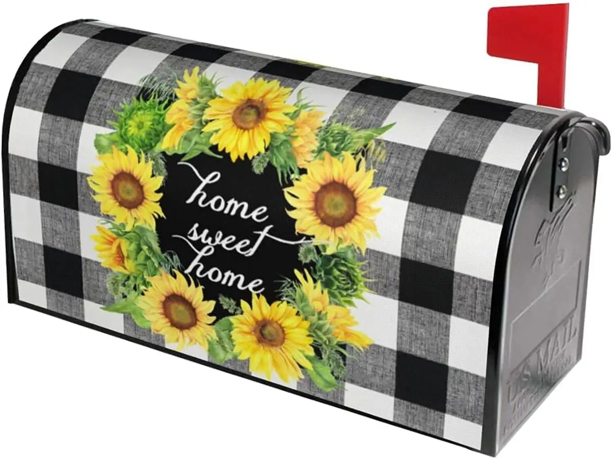 Spring Sunflower Wreath Mailbox Covers Magnetic 21x18 Inch with Home Sweeet Home Buffalo Plaid Decor Mailbox Decals Mailbox Wrap