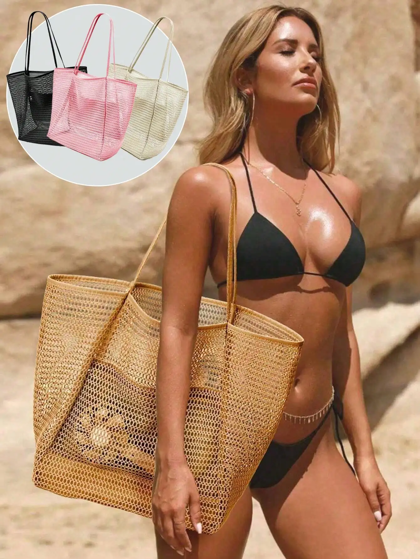 

Large Mesh Tote Bag for Beach Travel - Foldable Lightweight Shoulder Bag in Black, Pink, Beige