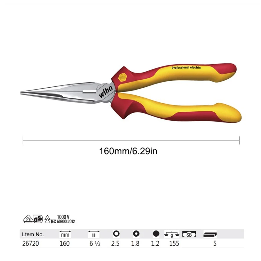 WIHA 26720 1000V Insulated Needle Nose Pliers Long Nose Pliers 160mm with Cutting Edge Straight Shape for Gripping and Cutting