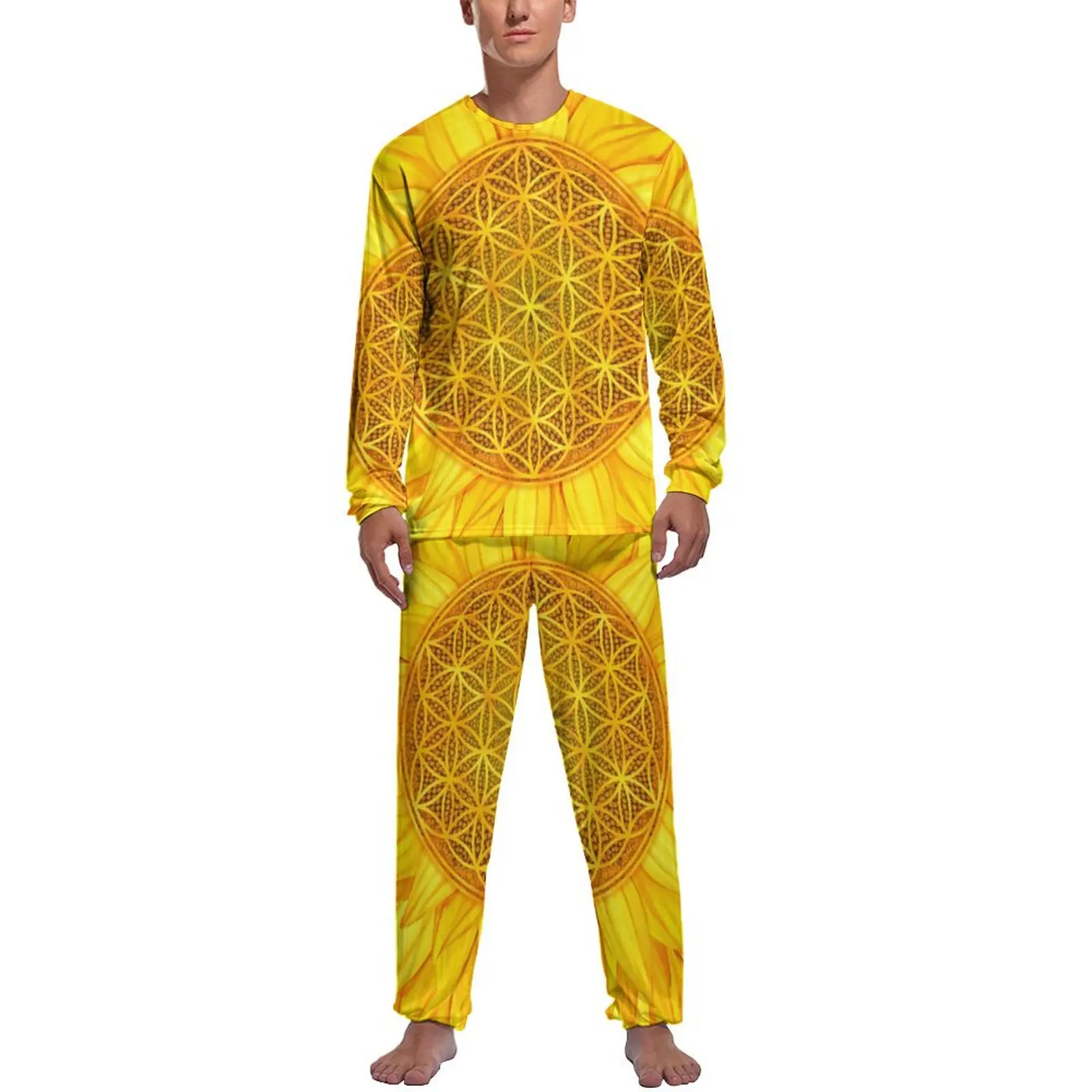 Grande girassol impressão pijamas diário 2 peça flor da vida na moda conjuntos de pijama masculino manga longa padrão estético pijamas