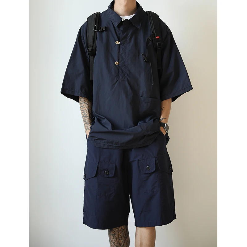 

Quick Dry Short Sleeve Men's Shirt Casual Loose Fit Pure Color Workwear T-Shirt Summer Season Japanese Retro Style