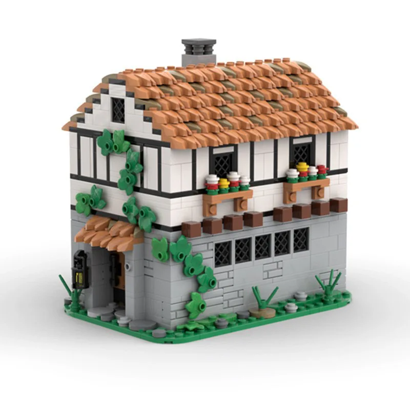 Bloques de construcción de taberna medieval MOC- 129454   Castillo arquitectura escena callejera decoración ensamblaje modelo rompecabezas juguete regalo de cumpleaños