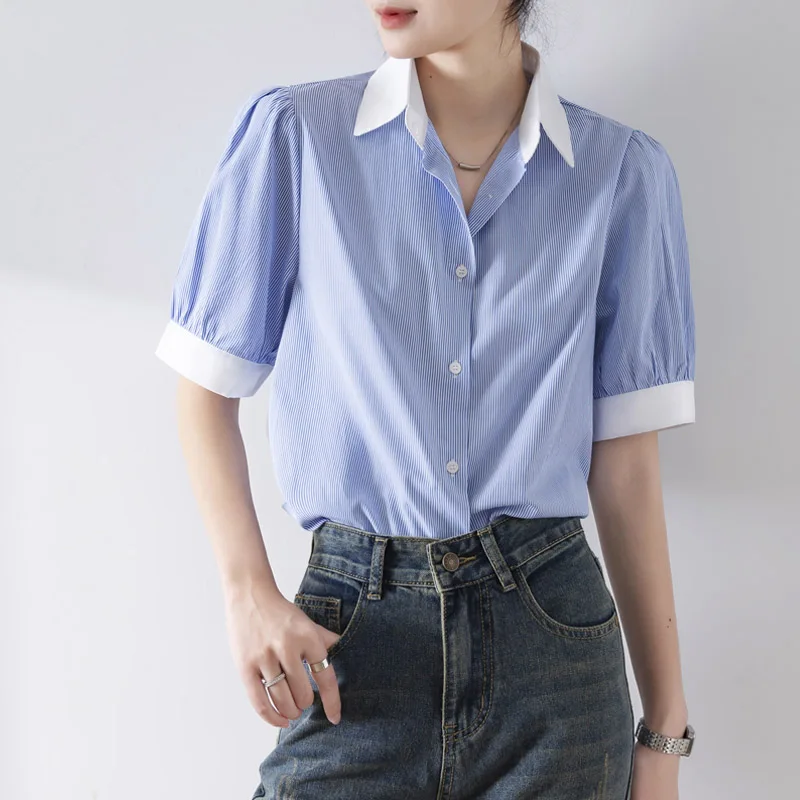 

Summer Thin Vintage Blue Striped Women's Blouses 2025 New Short Sleeve Elagant Korean Office Lady Casual Loose Shirts Female