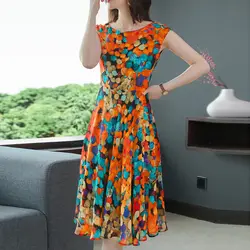 Summer Sleeveless Round Neck Medium and Long Temperament Women's Clothing Summer Fashion Floral Waist Korean Version Dresses