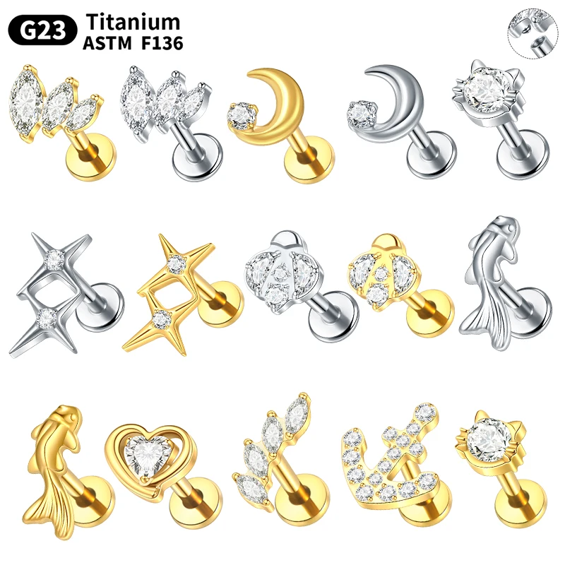 1/5Pc ASTM F136 Titanium CZ Ear Cartilage Earrings Labret Stud 16G Internally Threaded Helix Crystal Ear Tragus Piercing Jewelry