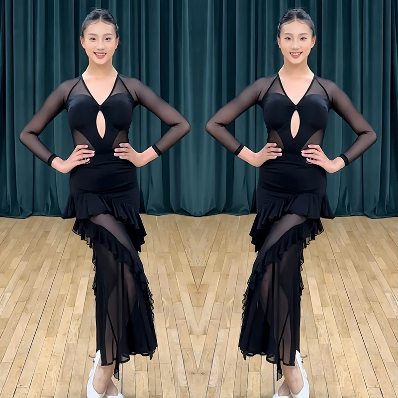 เซ็กซี่ห้องบอลรูมเต้นรําชุดแขนยาวสีดําชุดBacklessมาตรฐานWaltzชุดหญิงห้องบอลรูมDancewear VBH1789