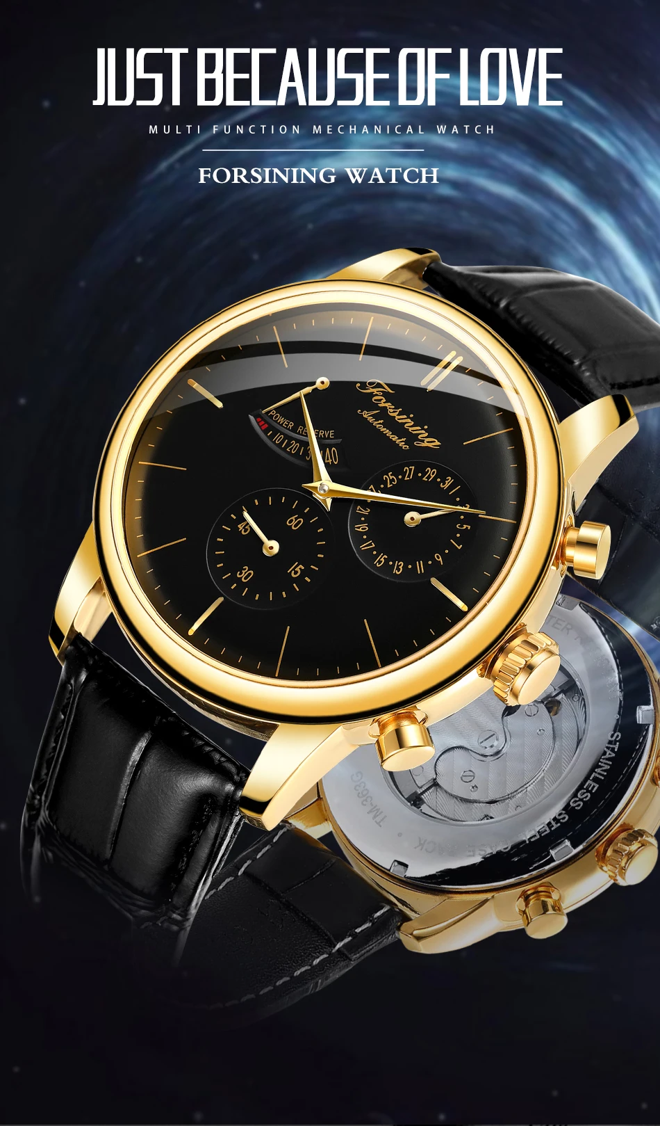 FORSINING New Cool Power Reserve Man Watch Automatic Mechanical Date Multi Dial Display Leather Strap Sporty Male Wristwatches