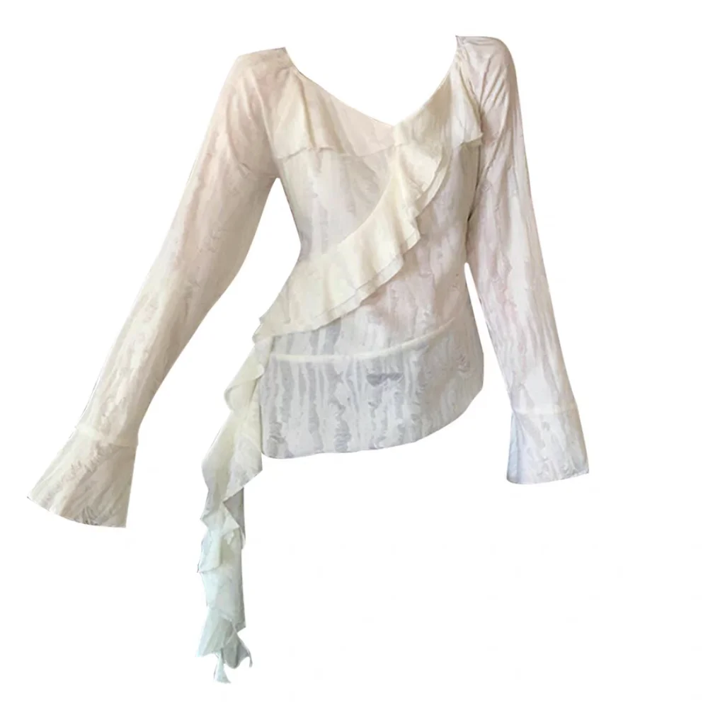 

Bell Sleeve Irregular T-Shirts Women Slim Fit Basic Long Sleeve Top Pleated Female Clothing Retro Mesh Broken T-Shirt