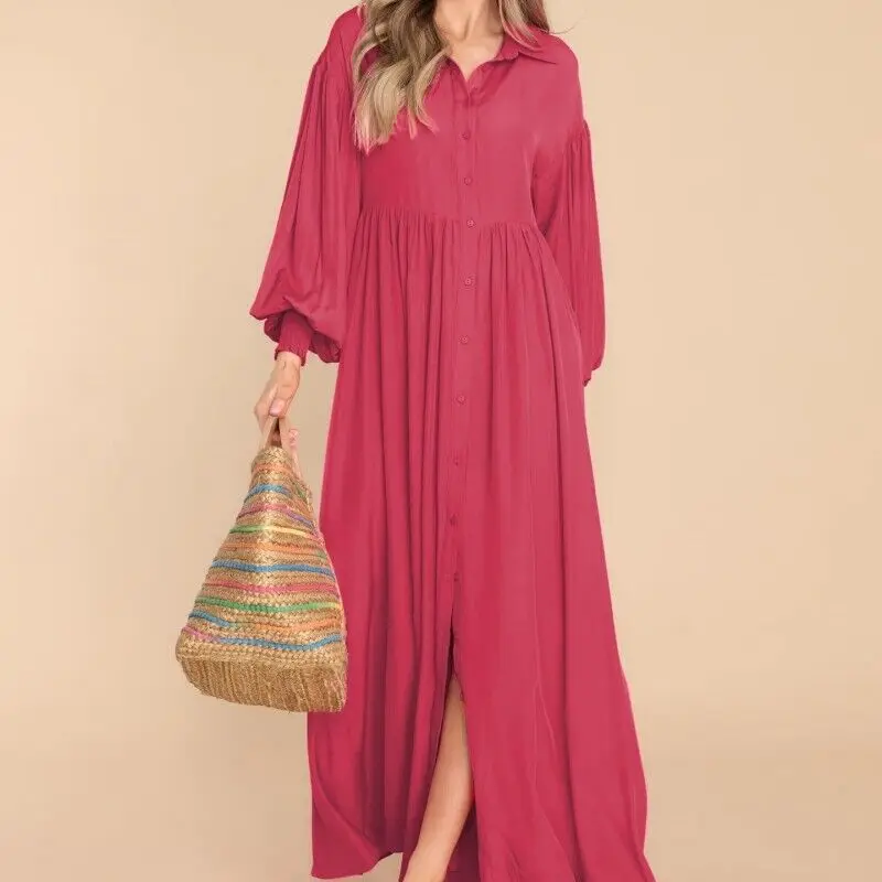 Spring Fall Cotton Maxi Shirt Dress Women A-line Big Swing Long Sleeves Single-breasted Loose Patchwork Long Dresses For Women\'s
