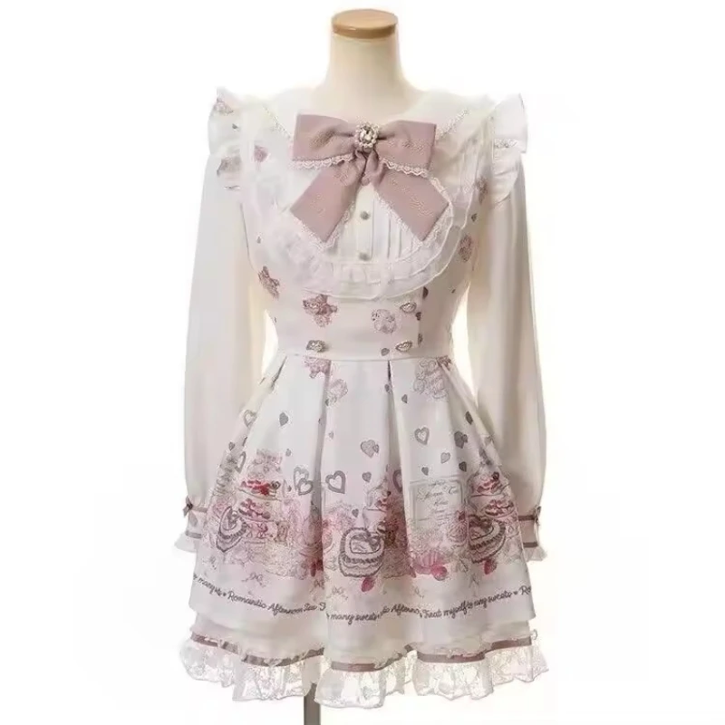 2026 New Kawaii Two-Piece Sets Long Sleeve Top + Short Skirt Y2K Japanese Women Casual Sweet Cute Print Bow Patchwork Arrival image 4
