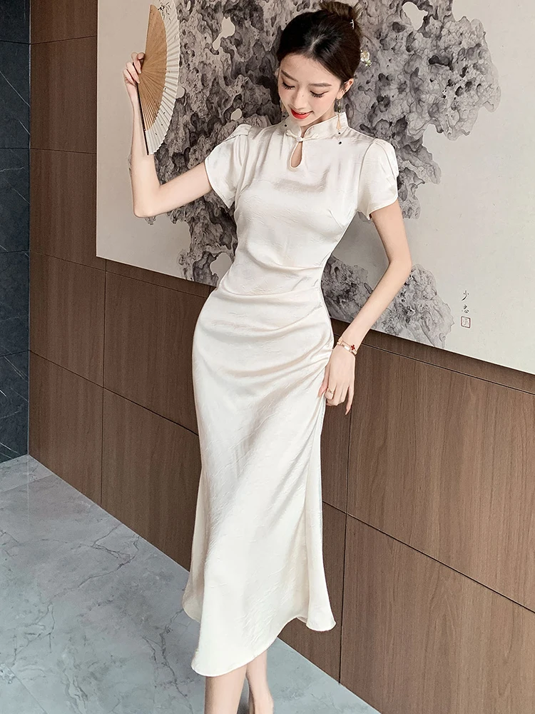 الصيف خلات الساتان الجاكار خمر شيونغسام فستان المرأة أنيقة Bodycon ثوب فاخر 2025 الكورية خمر مهرجان فستان الحفلات #5