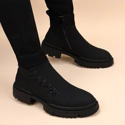 mens fashion party banquet cowboy boots natural leather shoes platform warm cotton winter snow boot ankle botas masculina zapato