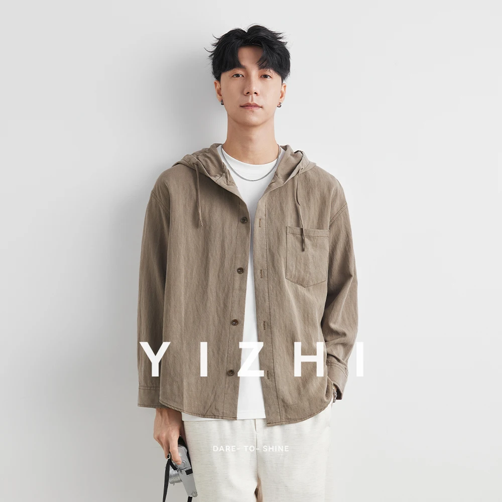 Autumn Men's Lyocell Nylon Shirt Solid Streetwear Long Sleeve Hoodie Clothing For Men Button Tops Casual Loose Men Hooded Shirt