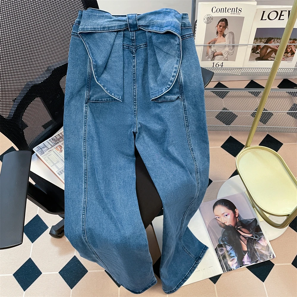 

Women Bow Denim Trousers French Style Elegant High Waist Wide Leg Straight Jeans Spring Summer Chic All-Match Commute Long Pants