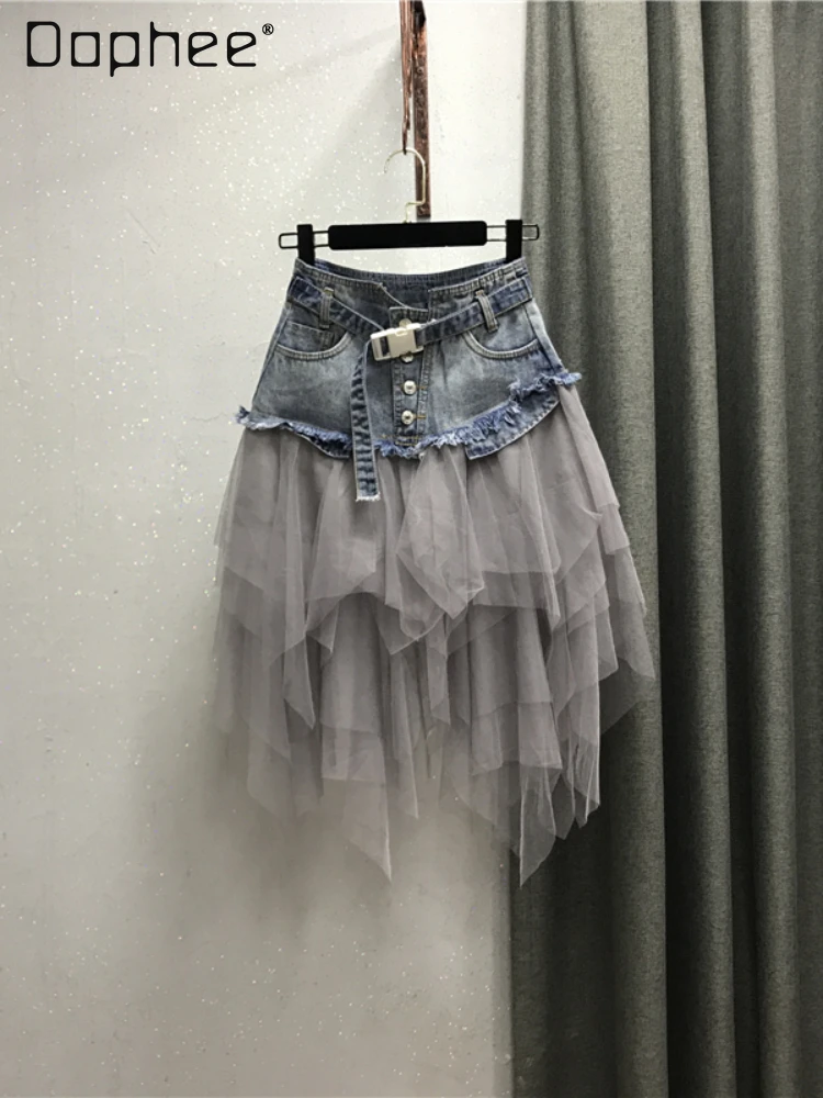 Gothic Tutu Tulle Denim Skirt Women Irregular High Waist A Line Pleated Midi Skirts Patchwork Punk Asymmetric Summer Club Party