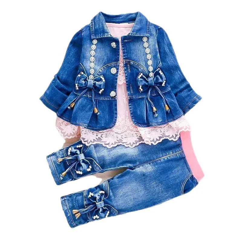 Set Anak Perempuan Pakaian Denim 3 Potong Pakaian Musim Semi dan Musim Gugur Setelan Bayi Perempuan