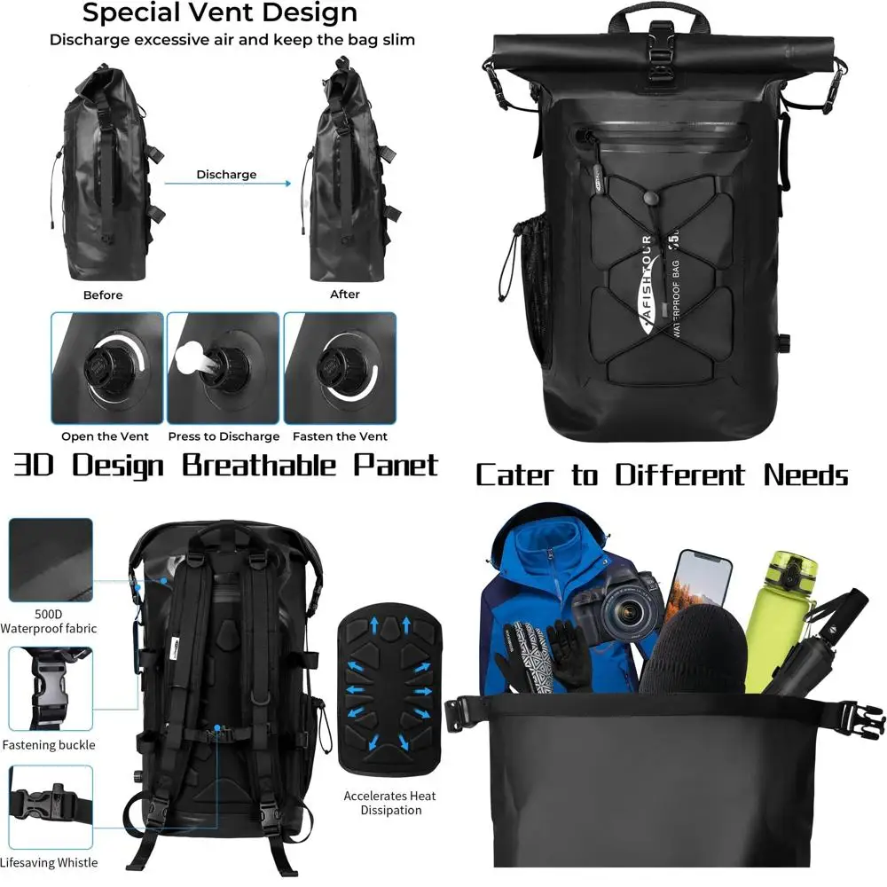 

Waterproof Roll-Top Dry Bag Backpack for Men and Women - Ideal for Kayaking, Boating, and Beach Activities (Black)