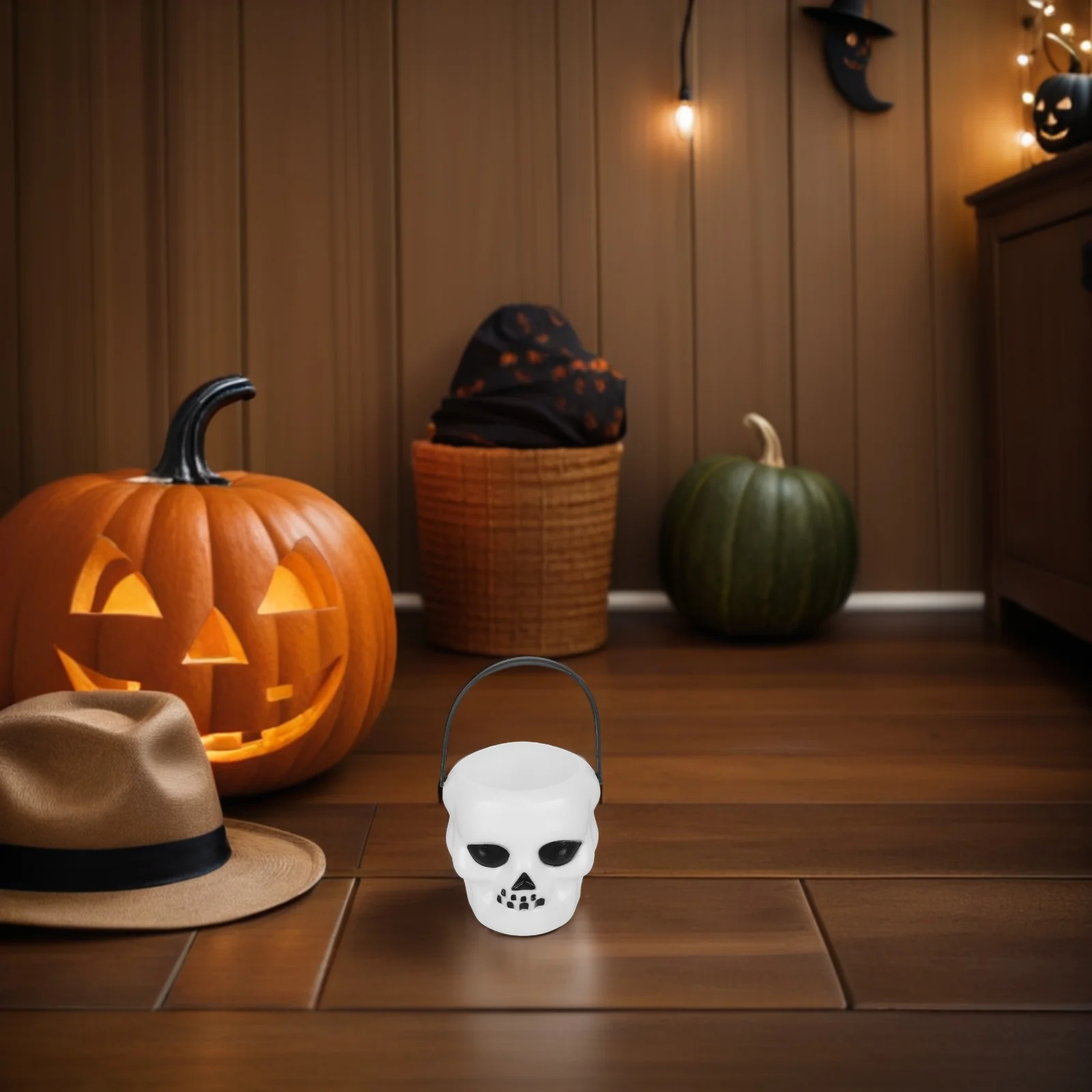 ถังฟักทองสีขาวสำหรับตกแต่งฮาโลวีน 6 ชิ้น พร้อมหูหิ้ว สำหรับงานปาร์ตี้เด็ก ของตกแต่ง ของประดับ ของจัดเก็บ