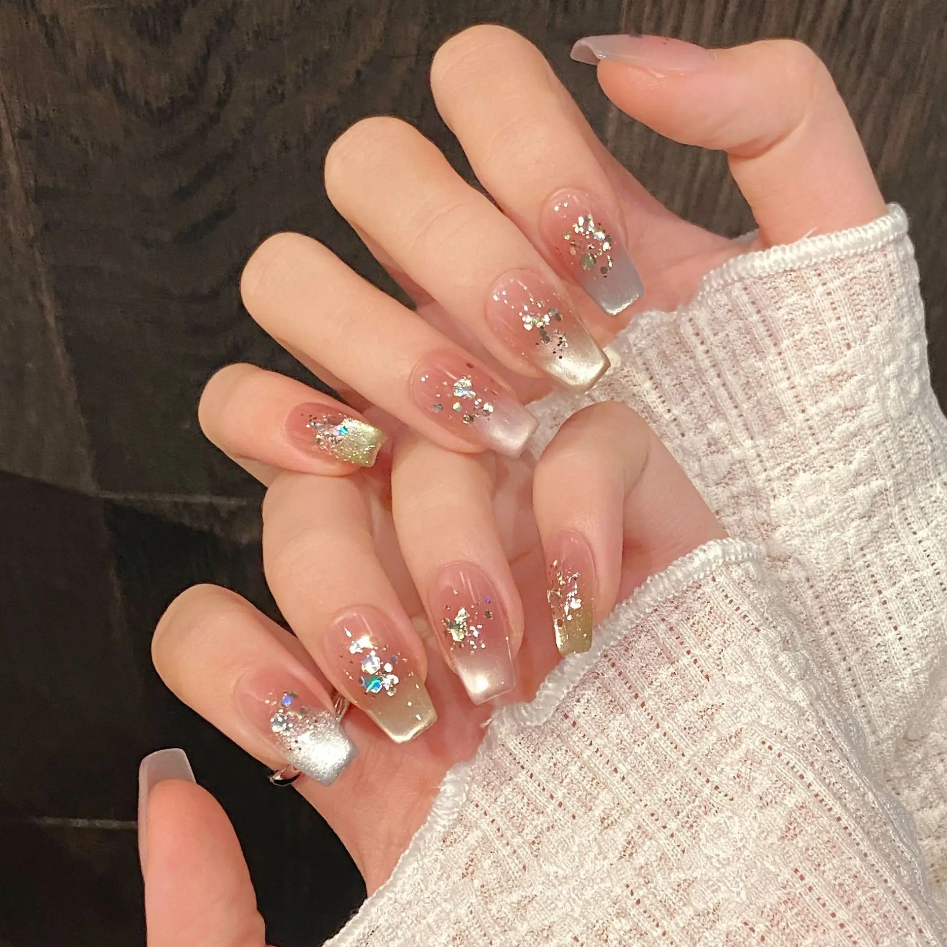 Handmade Press on Nails Rainbow Cateye Fairy with Gillter Design Reusable Wearable Fasle Nails Manicure Full Cover Nail Art